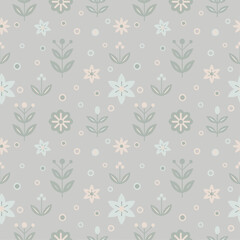 A seamless Scandinavian floral vector illustration in pastel green tones. Features stylized flowers, leaves, and circles in a flat minimalistic style. Perfect for wallpapers, textiles, and stationery.
