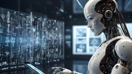 Futuristic robot artificial intelligence humanoid AI with tablet in her hand programming coding technology development and machine learning concept. in front of him are many transparent glass screens 