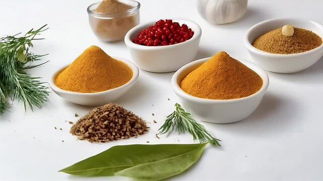 Overhead Shot of Colorful Spices and Herbs on White Background: Yellow and Orange Powders, Cumin Seeds, Red Peppercorns, Dill