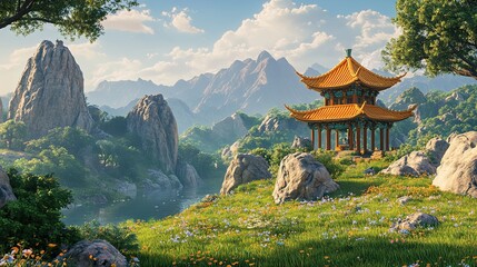 Obraz premium This digital artwork, titled Serene Mountain Lake Pavilion, beautifully portrays a peaceful lakeside scene surrounded by majestic mountains