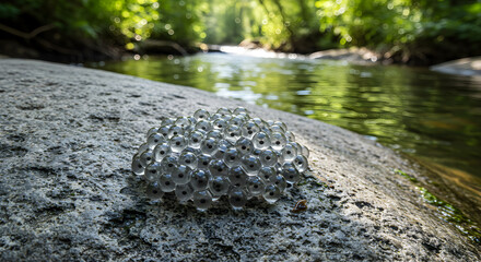 Fototapeta premium Aquatic nursery: Tree frog eggs clustered on river stone, reflecting nature's wonder