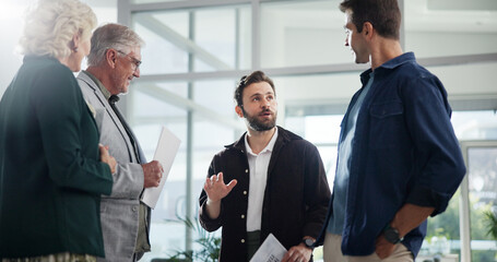 Lobby, conversation and business people in meeting, planning and share ideas with cooperation....