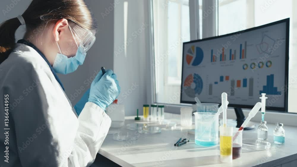 Poster A dedicated female scientist in a lab coat and protective gear is meticulously analyzing samples at a well-equipped medical laboratory, surrounded by colorful liquids and data visualizations.