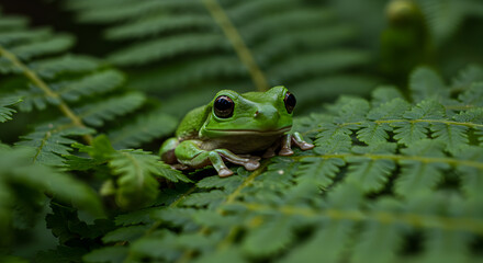 Obraz premium Green Tree Frog Marvelously Camouflaged on a Lush Fern in a Tropical Habitat