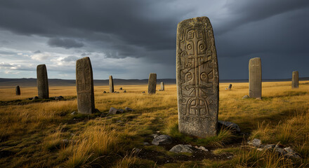 Mystical stone monuments rise amidst vast grasslands under dramatic skies landscape