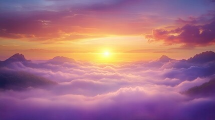 Obraz premium The majestic mountain peaks are adorned with brilliant sunset shades, as a blanket of fluffy clouds wraps the valleys in a serene, enchanting glow