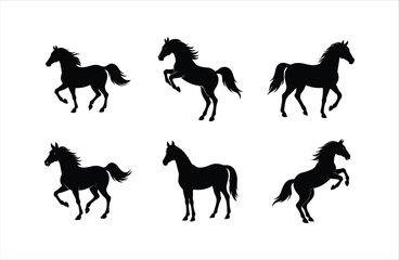 A set of six Andalusian horse vector silhouette designs. Simple collection. Isolated bundle on white background.