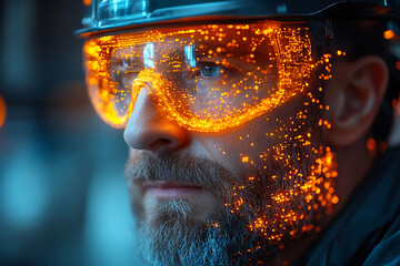 Abstract digital background banner with construction worker


