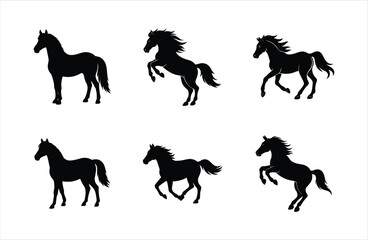 A set of six Haflinger horse vector silhouette designs. Simple collection. Isolated bundle on white background.