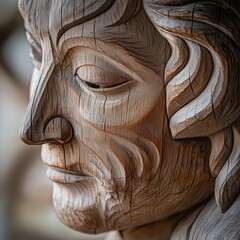 Detailed wooden sculpture of a face with intricate carvings and textured hair