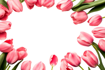 Fresh pink tulips frame on black background, cut out transparent
