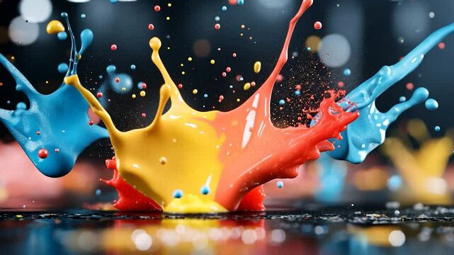 Vibrant paint splashes in a dynamic display of color against a blurred background