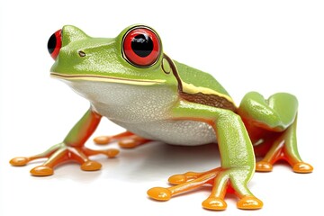 Obraz premium A vivid green tree frog, its red eyes glowing, displayed in a lifelike diorama within a natural history museum