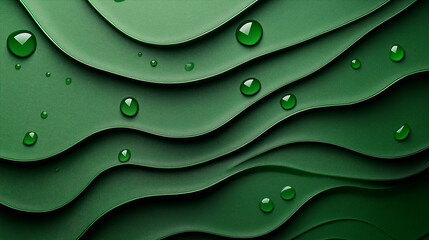 Glittering green water droplets scattered across textured, layered surfaces with soft curves evoke associations with freshness