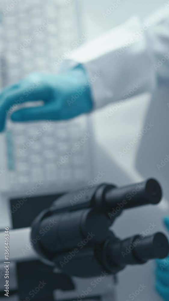 Aufkleber In a lab, a focused scientist examines samples under a microscope, while monitor data visualizations illustrate complex research, emphasizing the importance of innovation in science