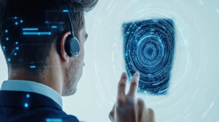Analyst engaging in data analysis with wireless earpiece modern office digital interaction futuristic environment