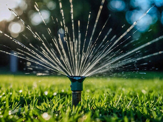 Automatic sprinkler watering bright green grass on a sunny day