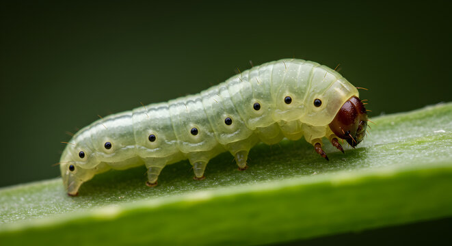 Delicate translucent cutworm larva on a green leaf close-up showcasing intricate details