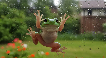 Adorable green tree frog clinging to a rain-streaked windowpane in summer
