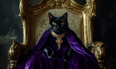 Fototapeta premium A Black Cat Adorned Elegantly Seated On A Golden Throne