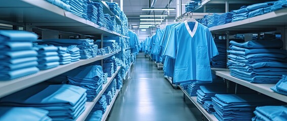 Factory worker uniforms systematically organized in a production space for efficient quality checks