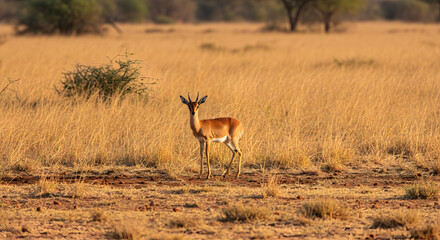 Fototapeta premium Steenbok standing alertly in arid savannah, a serene wildlife encounter