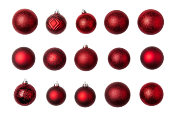Red christmas ornaments on black background, cut out transparent