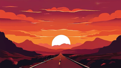 Obraz premium Road passing through a desert. Road landscape. Sunset view. Desert landscape. Vector illustration.
