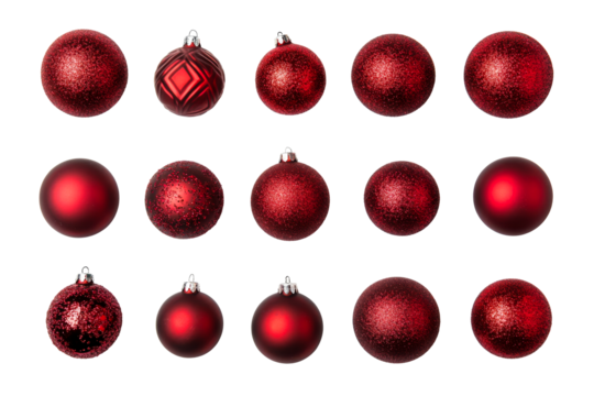 Red christmas ornaments on black background, cut out transparent