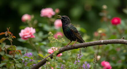 Obraz premium Starling perched on a branch amidst blooming roses, showcasing vocal prowess