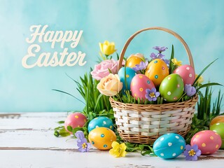 Beautiful Easter Basket Filled with Colorful Polka-Dot Eggs and Fresh Spring Flowers on a Rustic Wooden Table Against a Soft Pastel Blue Background for a Joyful Holiday Celebration. Easter Holiday art