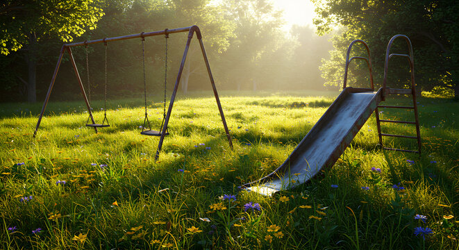 Forgotten dreams: A deserted playground engulfed by nature's embrace scenery