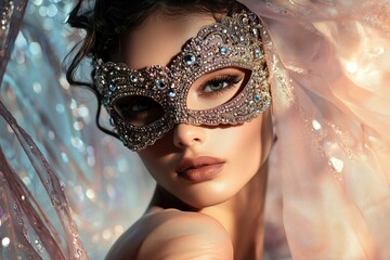 Elegant woman in jeweled masquerade mask with ethereal shimmering fabric background