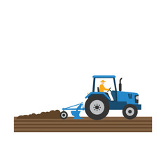 Fototapeta premium Blue tractor plowing soil in a flat, minimal style vector illustration depicting agricultural activity under bright sunlight with a farmer at work in a field.