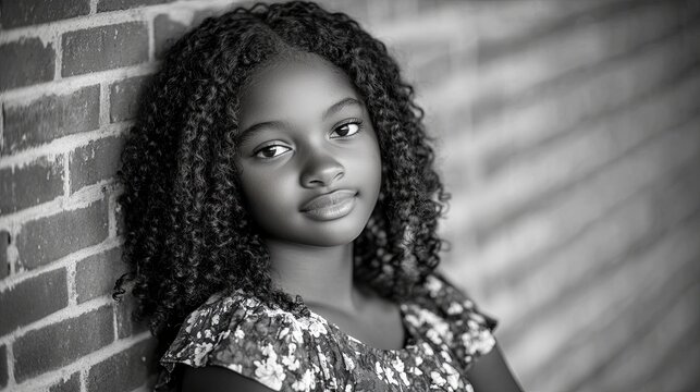 A young African American girl, around 9 years old, has curly black hair in a large, fluffy afro with a middle part