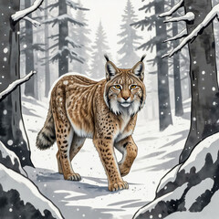 Fototapeta premium watercolor-Style Illustration a lynx walking through a snowy forest, its fur blending with the winter surroundings.