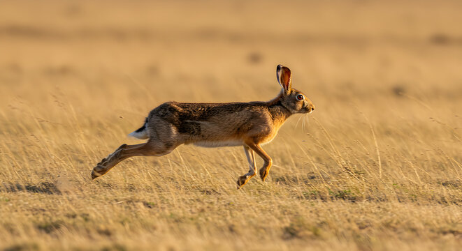 South African springhare leaping across a golden grassy field at sunset