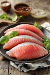 Fresh Raw Salmon Fillet on Rustic Plate