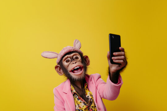 A stylish monkey with bunny ears joyfully takes a selfie against a yellow background, combining Easter fun with playful charm.