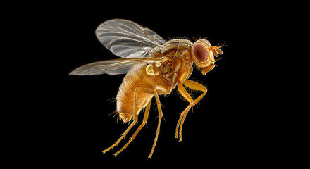 Detailed close-up of a Drosophila fruit fly against a stark black backdrop showcasing fragile wings