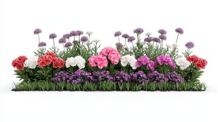 Obraz premium A vibrant arrangement of colorful flowers, including red, pink, white, and purple blooms, set against a clean background, showcasing nature's beauty.