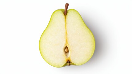 A cross-section of a fresh green pear, showcasing its smooth texture and seeds, against a plain white background.