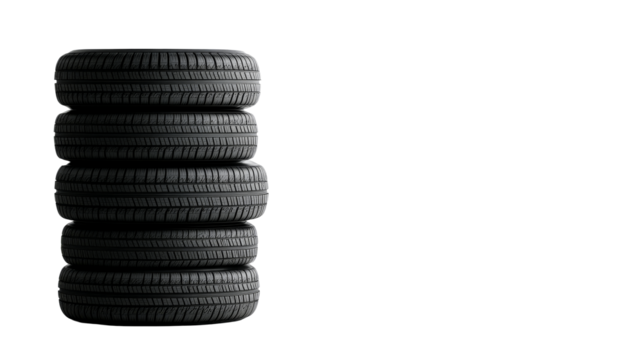 Stack of five car tires, tread pattern detailed, cut out transparent