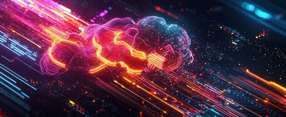 Futuristic glowing cloud with neon lines and particles symbolizing data flow and technology