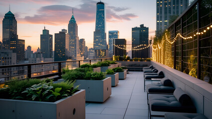 Obraz premium Open-air lounge with glowing planter trees, sleek seating, and panoramic skyline - chic rooftop vibe