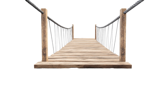 Wooden suspension bridge isolated on black background, cut out transparent