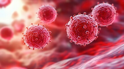 Red viruses float against blurred cell background in this detailed illustration. Illustrates viral infections, medical research, or health related content.