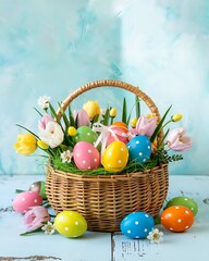Beautiful Easter Basket Filled with Colorful Polka-Dot Eggs and Fresh Spring Flowers on a Rustic Wooden Table Against a Soft Pastel Blue Background for a Joyful Holiday Celebration. Easter Holiday art