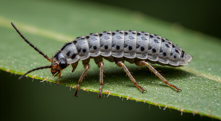 Detailed close-up showcases a Firebrat insect on a vibrant green leaf surface