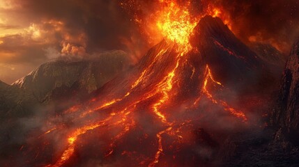 Naklejka premium Majestic volcanic eruption with fiery lava flows cascading down the mountain, surrounded by dramatic clouds and glowing twilight. Ideal for nature and disaster themes.. AI Generation